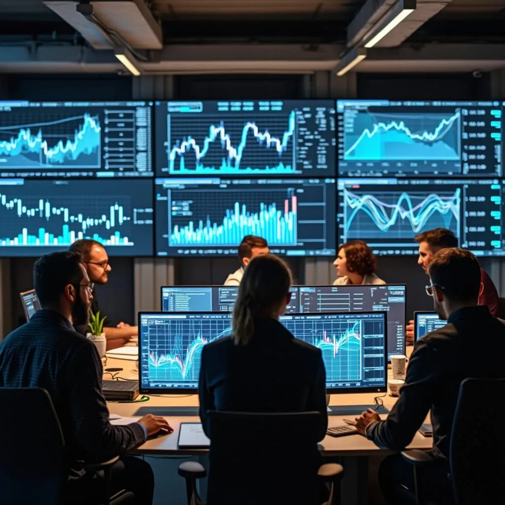 Équipe d'experts analysant des algorithmes d'IA pour l'investissement